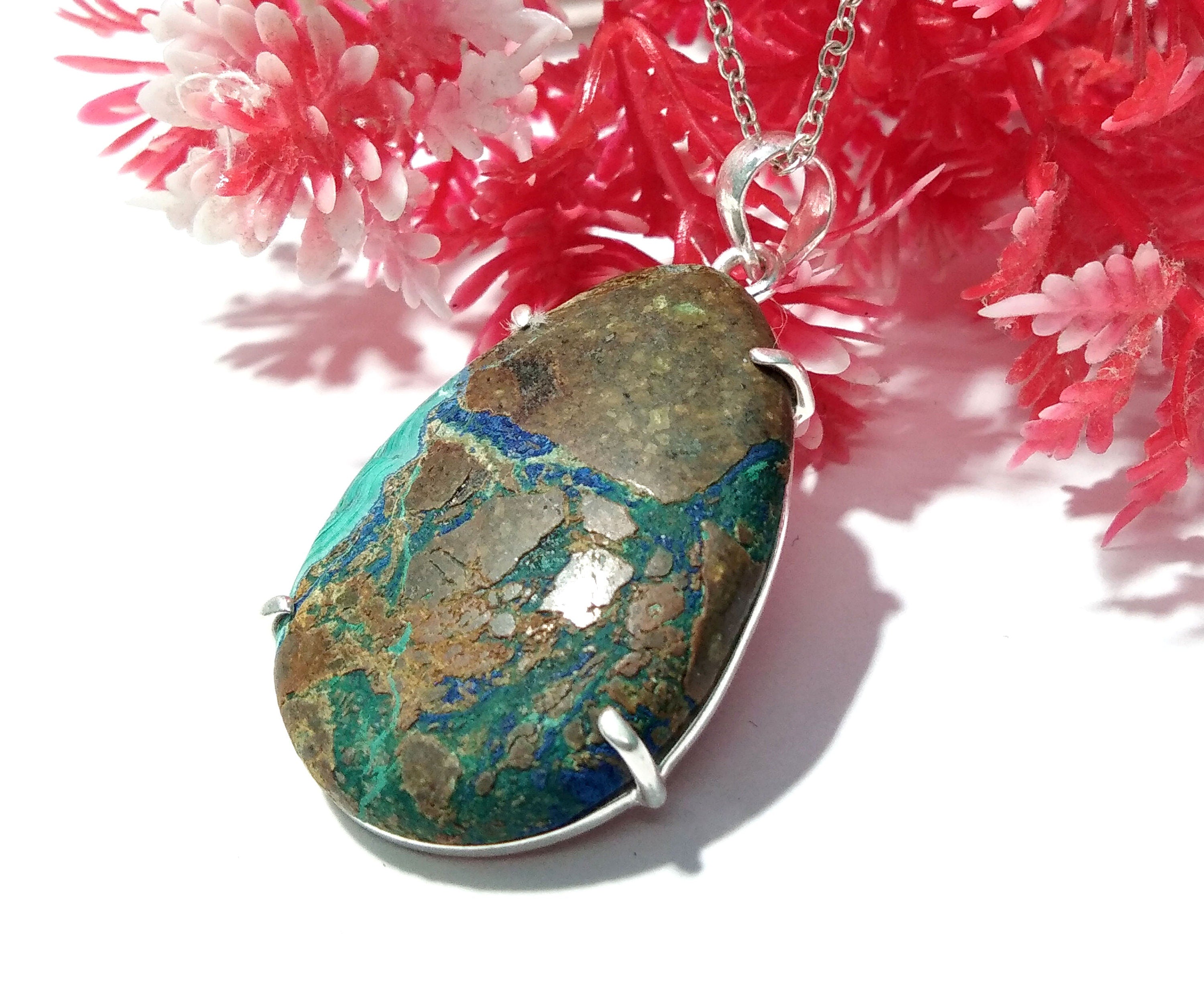 Azurite Malachite Gemstone Chain Pendant, 925 Silver Pendant, Jewelry Handmade, Natural Azurite Malachite Pendant, Gift Birthday Pendant